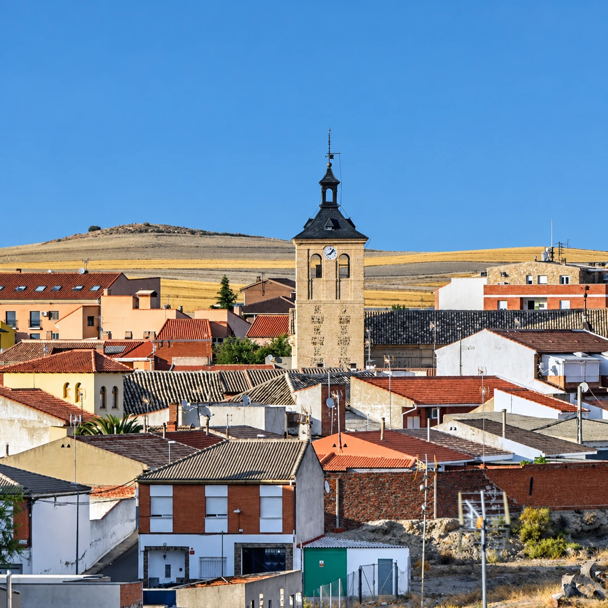 Vista de Alameda de la Sagra con su torre entre los tejados del pueblo
